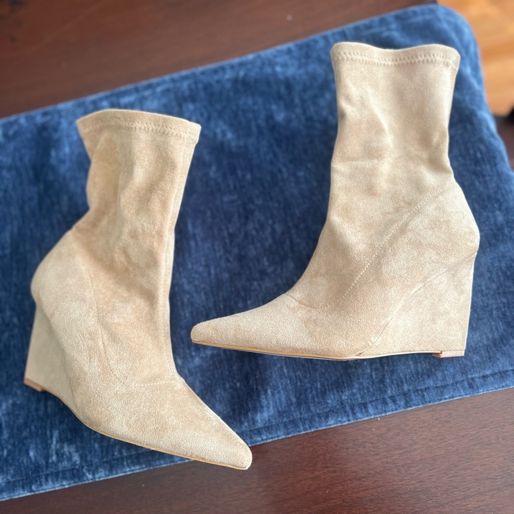 Tan suede pointed toe booties